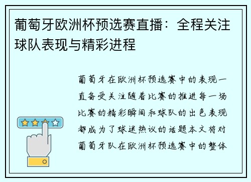 葡萄牙欧洲杯预选赛直播：全程关注球队表现与精彩进程